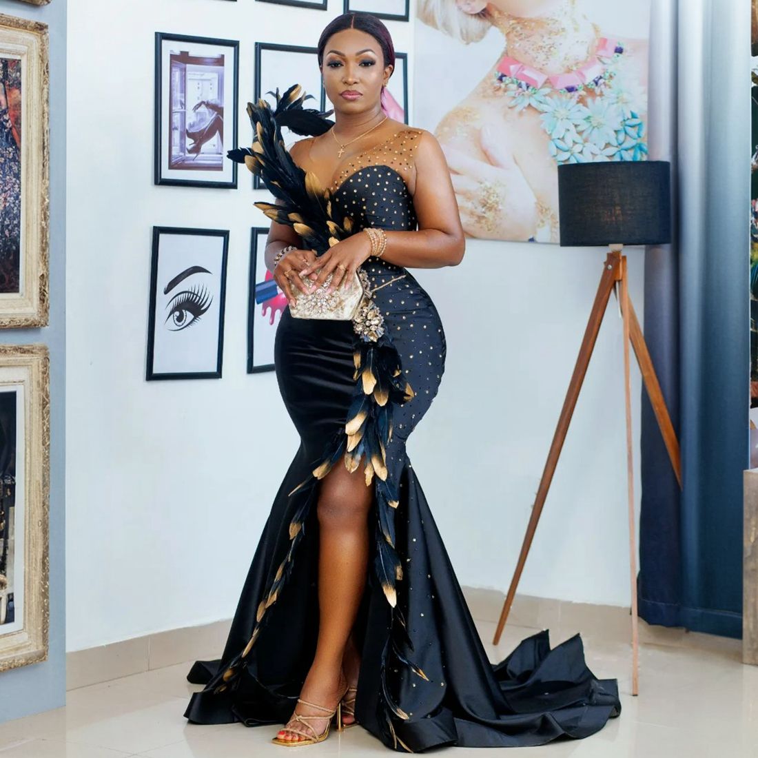 African Nigeria Plus Size Prom Black Women Illusion Mermaid Evening Dresses Feather Formal Gowns for Special Occasions High Split Engagement Gown N05