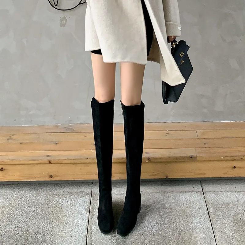 MKKHOU Fashion KneeHigh Boots Women High Quality Real Leather Stitching Low Heel Leather Boots Daily High Boots Winter 251031