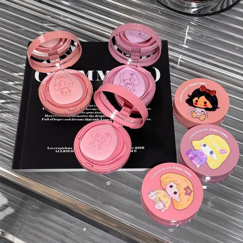 Girls air cushion powder blusher cream strawberry pink face natural matte cheek coloring rouge contour mouse and sponge puff 250325