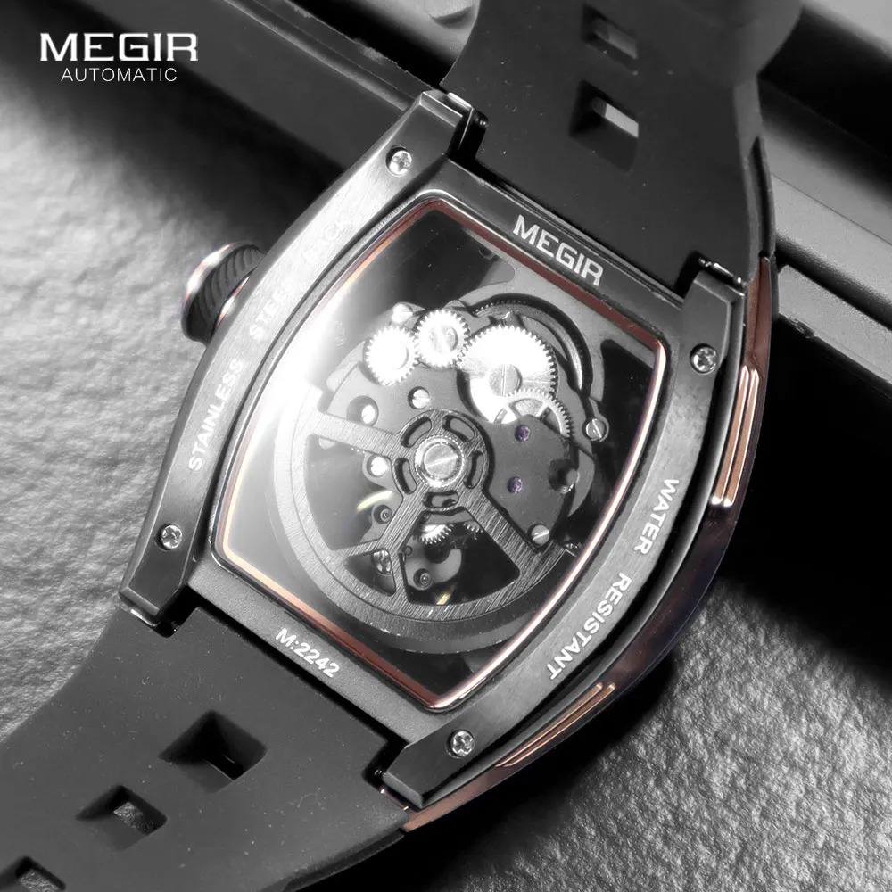 MEGIR 2242 Blue Automatic Watch for Men Sport Waterproof Stainless Steel Mechanical Wristwatch with Silicone Strap Skeleton Dial 251105
