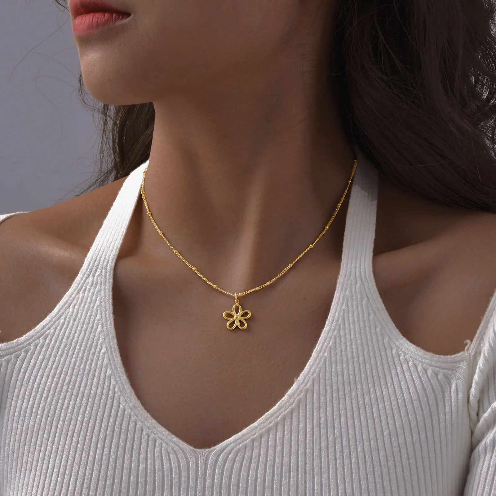 Chic Flower Pendant Necklace for Women Girls Stainless Steel Beads Chain NecklaceTrendy Mothers Day Gift Jewelry 251031