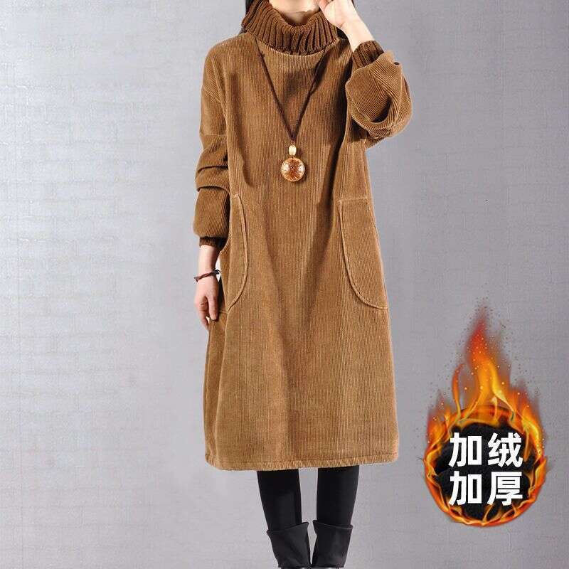 Extra Large Size 1Kg High Neck Fleece Lined Thickened Mid-Length Corduroy Dress B5