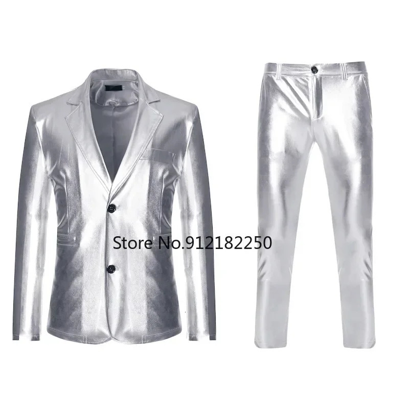 Mens Shiny Gold 2-piece Set TrailblazerPants Terno Masculino Fashion Party DJ Club Dress Evening Dress Mens Stage Singer Costume 250402