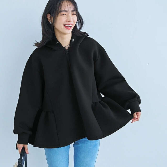 Cross-Border Foreign Trade Japanese Style Loose Age-Reducing Ruffled Hooded Sweatshirt For Women Spring And Autumn Zipper Jacket Top B5