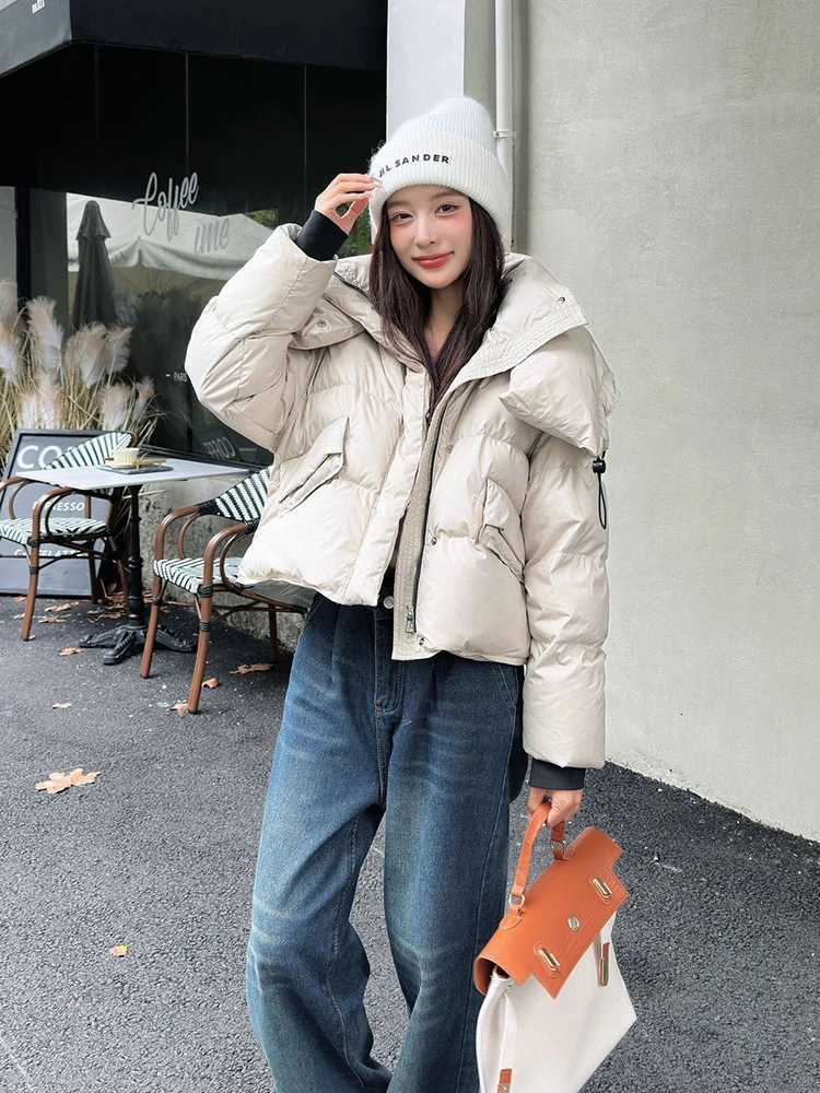 Winter Short Fluffy Big Lapel Warm Down Jacket Women White Duck Down Zipper Parker Outwears Female Solid Thicken Puff JacketsT251105