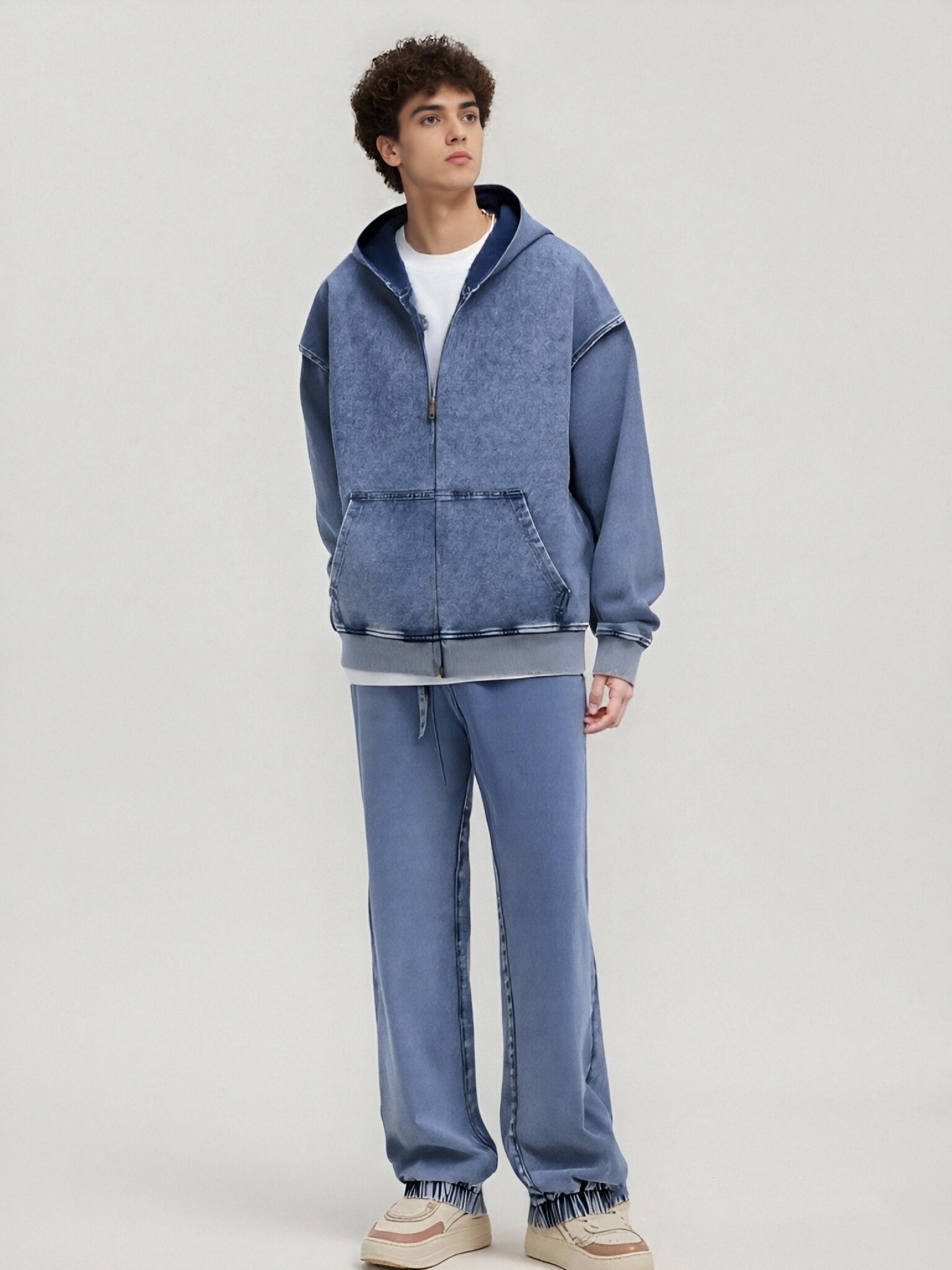 BLNCG Men's Washed Retro Zip - Up Hoodie, Distressed Vintage Style, Customizable Oversize Fit, Ideal for Streetwear Enthusiasts-KB-02