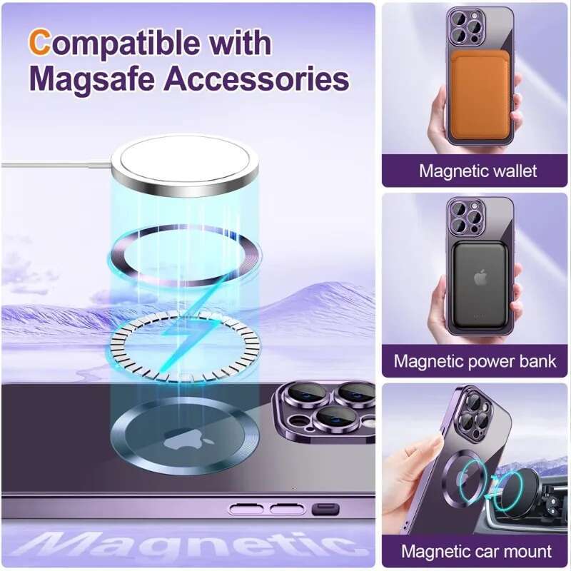 Electroplate With Lens Protector Case iPhone 15 14 13 12 11 16 Pro Max Plus For Magsafe Wireless Charge Bumper Glitter Cover