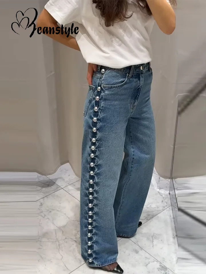 Bead womens denim Jean Loose high waisted pocket zipper fully matched straight leg Trouser Y2k street jacket 250403