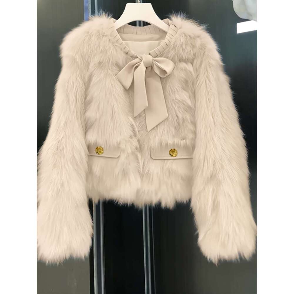 Cozy Jacket Pink Faux-Fur Trim Jacket Women | Winter Plush Collar Fringe Hem Coat, Elegant Short H-Line Silhouette, Single-Breasted Loose Fit For Casu