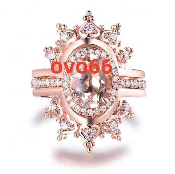 925 Sterling Silver Unique Tiara Design Fine Oval Pink Morganite Ring Set