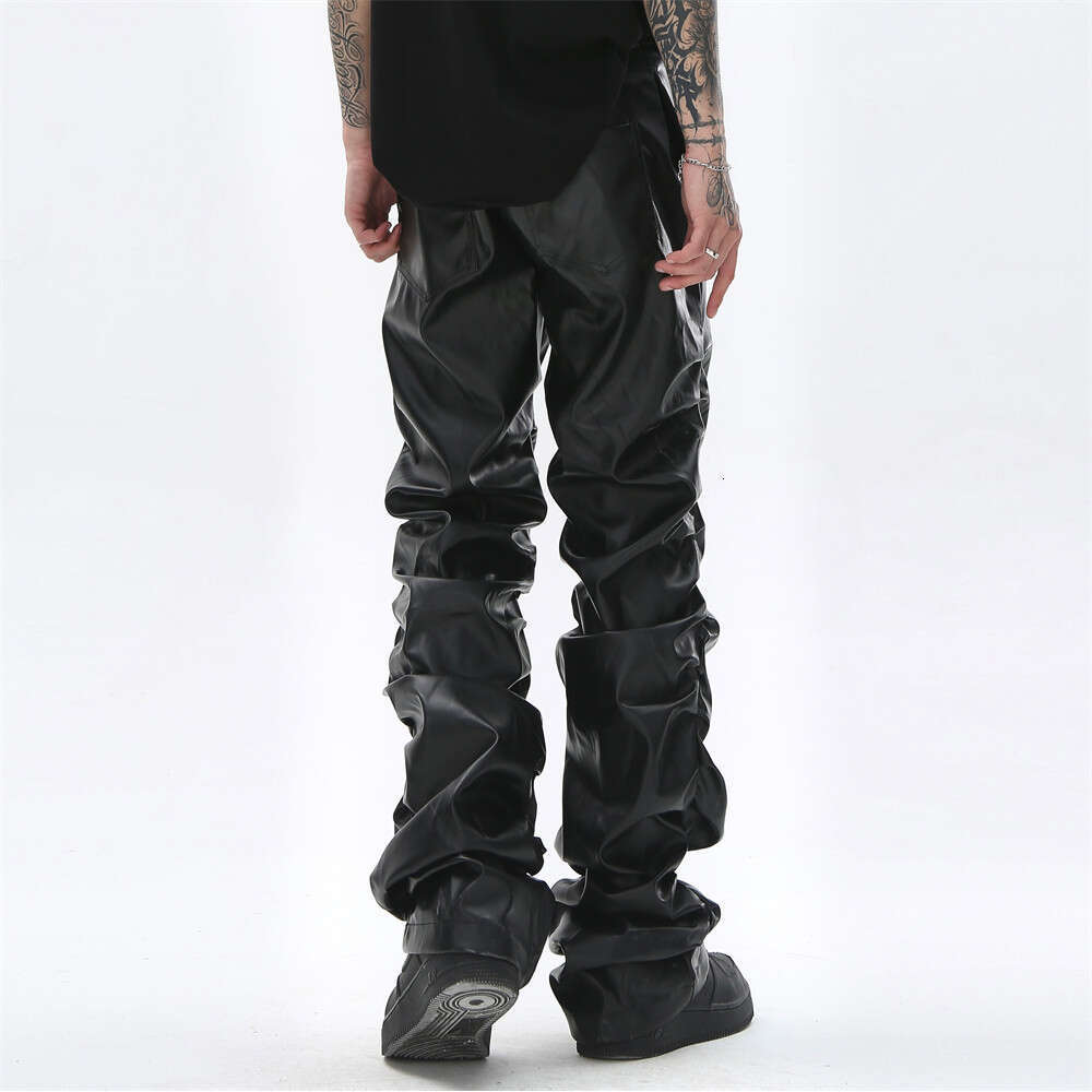 Dark Punk Niche Design Glossy Pleated PU Leather Pants Men Ins National Trend Hip Hop Loose Casual Trousers