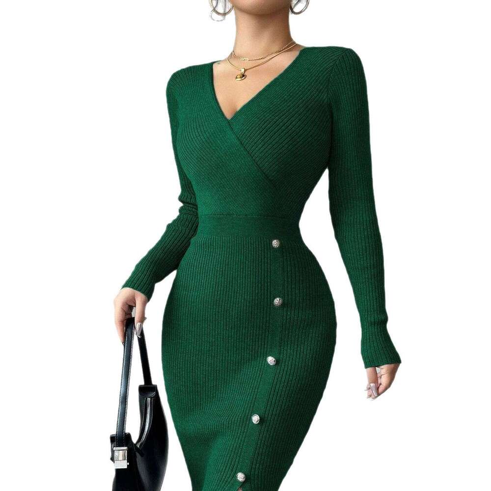 2025 French Style Autumn Winter Waist-Cinching Mid-Length Bodycon Inner Layer Tight Knitted Dress