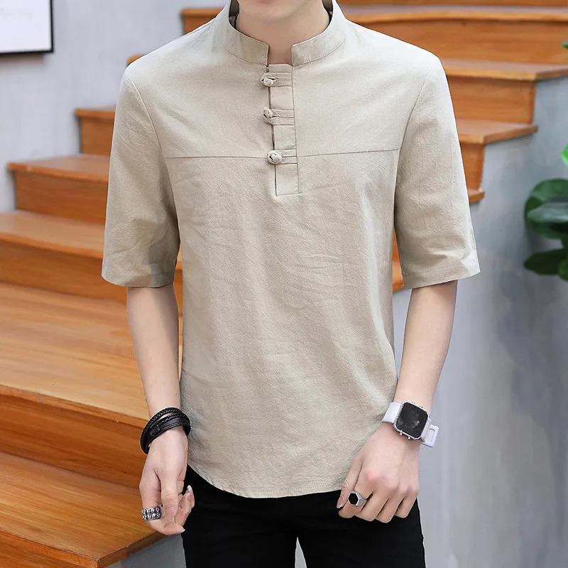 short sleeved T-shirt for mens teenage trend Chinese style button up summer T-shirt 250402