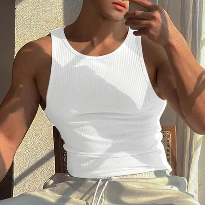 Mature Men Recreational Running Equipment Training Vest Solid Color Round Neck Sleeveless Vest Fashion Stripe Sports Fitnes 250402