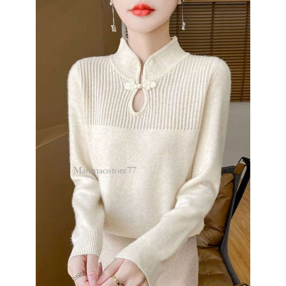 Women Merino Wool Sweater Mandarin Collar Pullover Chinese Style Cashmere Bottoming Knitwear Retro Long Sleeve Clothing Tops Designer Sweater Bear Swe