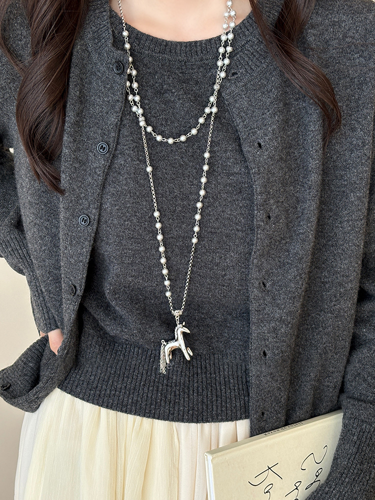 Crystal Pearl Beaded Pony Pendant Necklace Zodiac Year Young Luxury Daily Versatile Choker Niche Temperament Sweater Chain