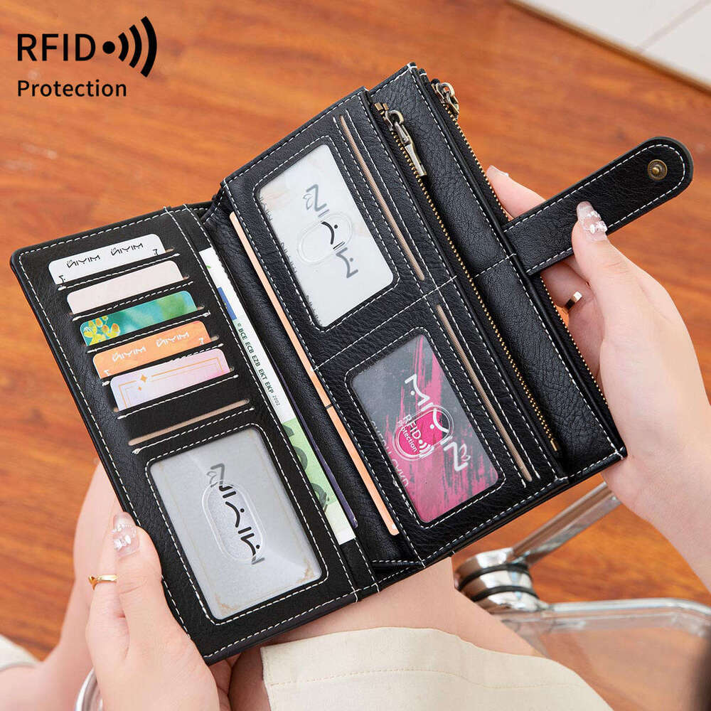 Cross-Border New RFID Long Retro Multifunctional Women's Wallet Solid Color Portable Large Capacity Clutch