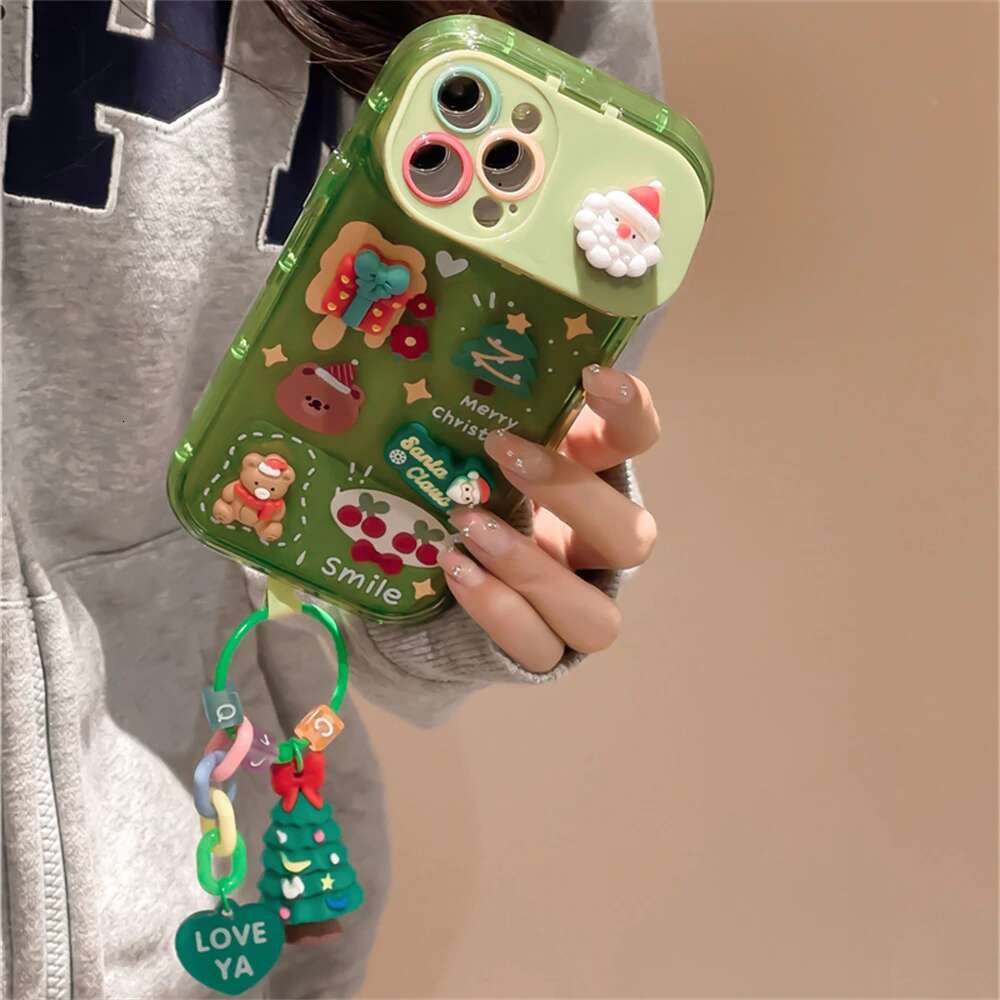 Korea Cute Cartoon Christmas Elk Pendant Case For iPhone 16 15 14 13 12 11 Pro Max XR Santa Claus Keychain Soft Shockproof Cover