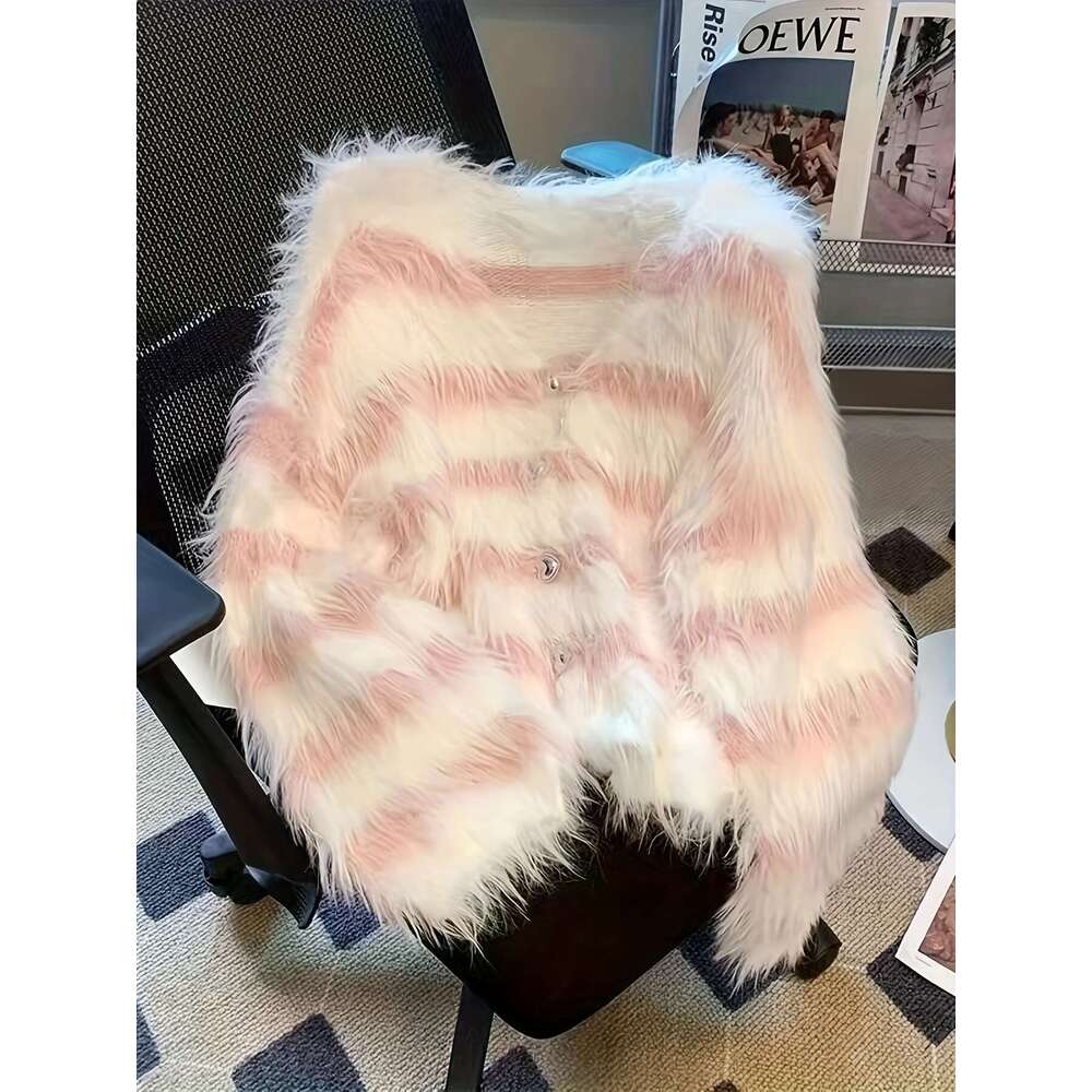 Women's Elegant Pink White Striped Faux Fur V-Neck Cardigan - Cozy Short For Fall/Winter, Soft & Stylish Layering Piece, Winter Jacket