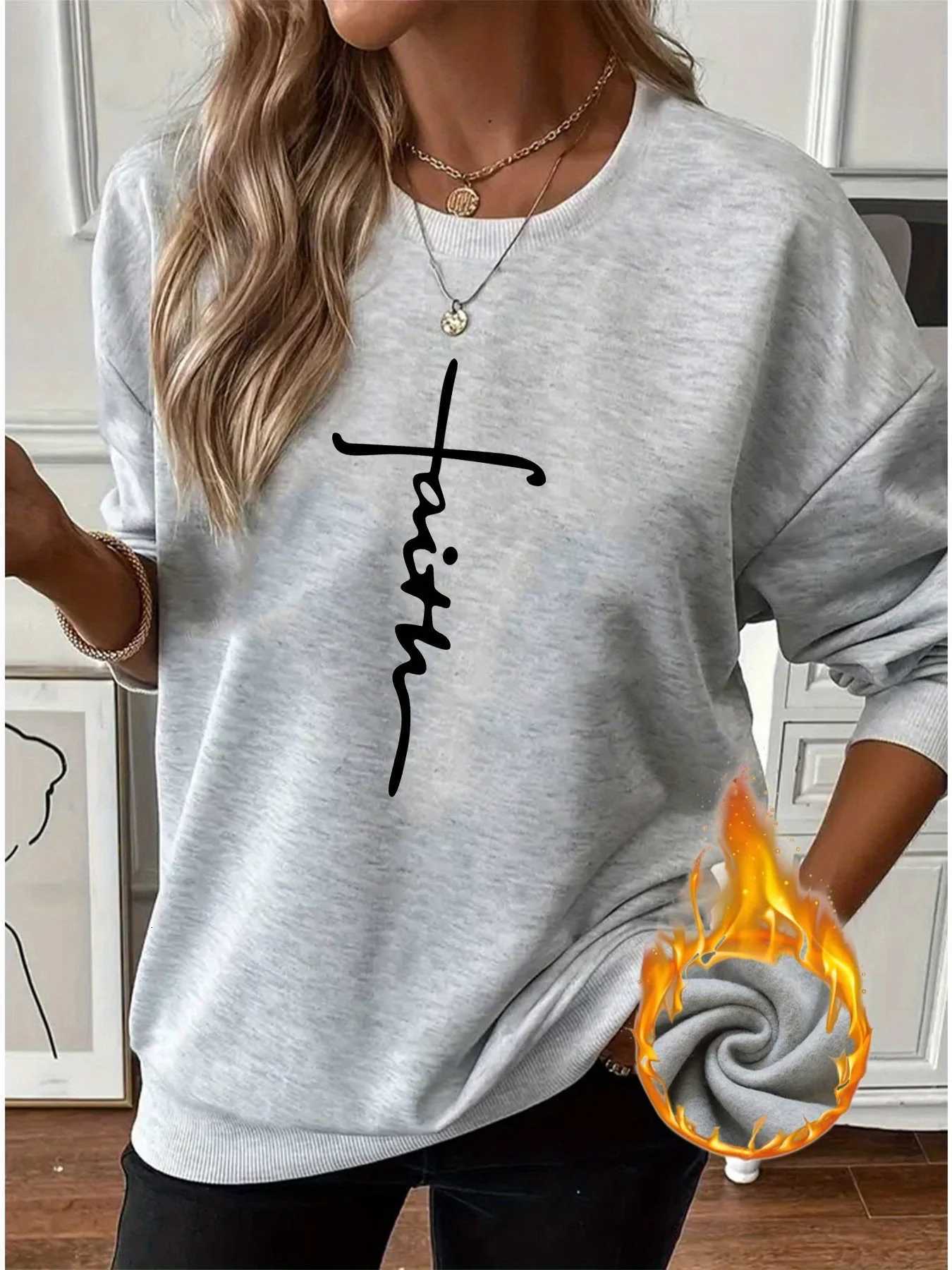 Womens autumn and winter casual fashion loose comfortable warm cross faith graphic printed round neck long sleeved pulloverT251105