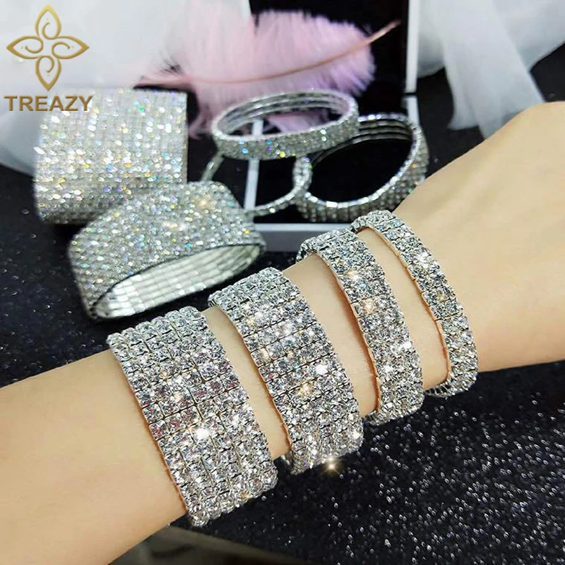 TREAZY 110 Rows Rhinestones Bridal Wedding Bangles GoldSilver Color Crystal Stretch Bracelet Women Wristband Elastic Jewelry 251031