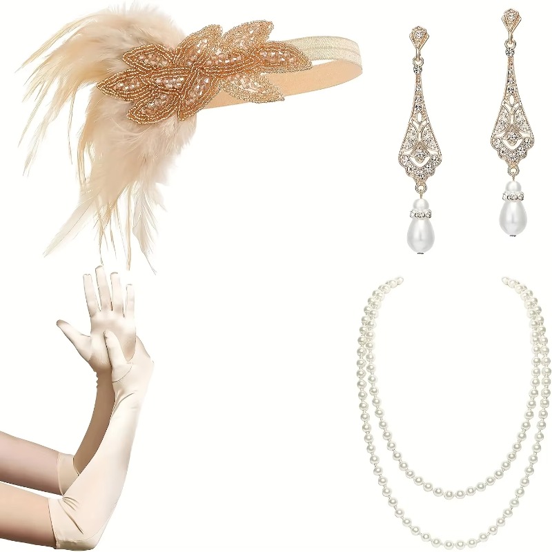 A collection of 4 apricot-colored 1920 women's costume accessories, headbands, necklaces, gloves, and teardrop earrings for Halloween character c
