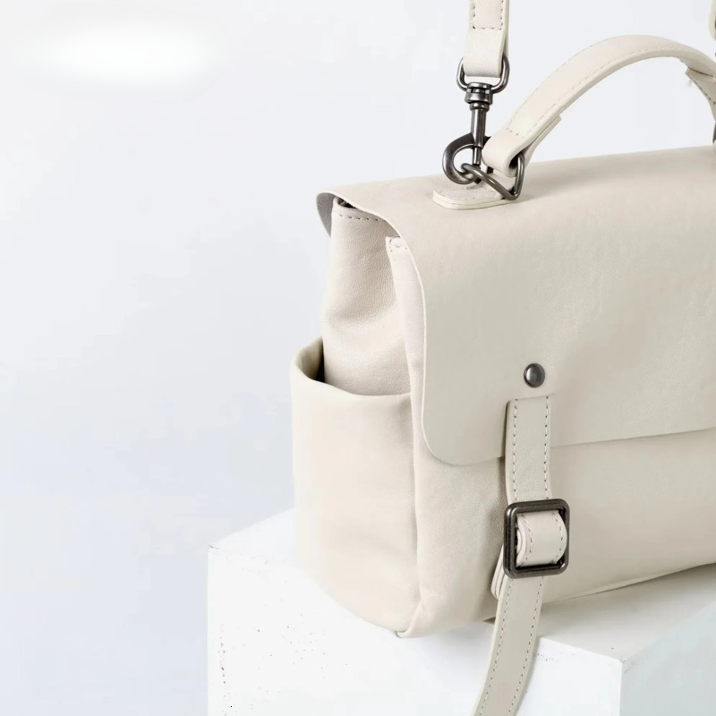 New Retro England Style College Girl Satchel Tote 2 Sizes Beige Vegetable Tanned Cowhide Leather Women Backpack Bookbag