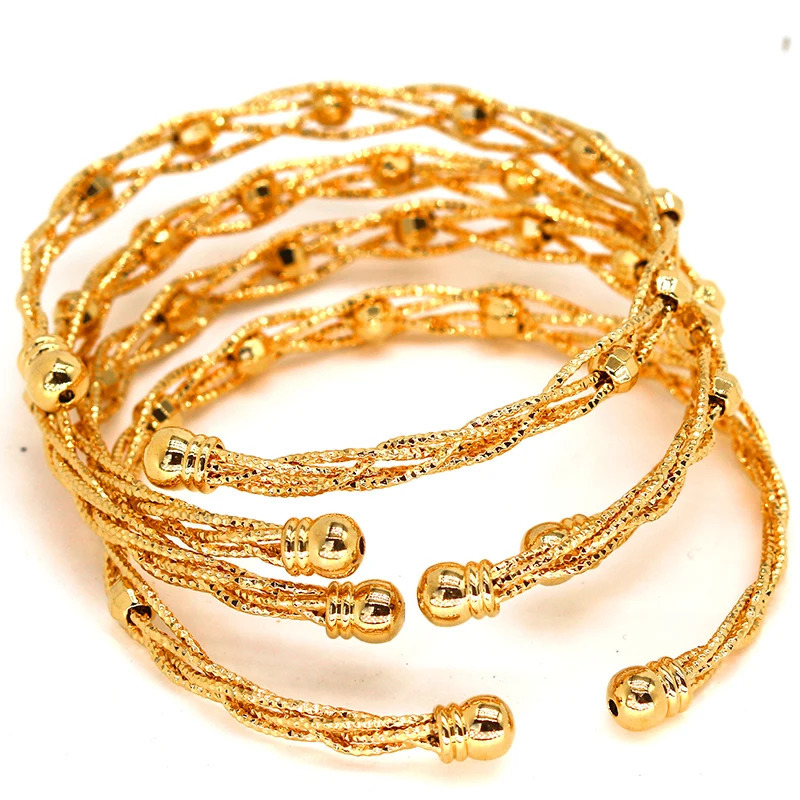 4pcs Trendy Bead Gold Color Saudi Bangles For Girls 24K Ball Copper Bracelet Women Girl Africa Bangles Wedding jewelry 251031