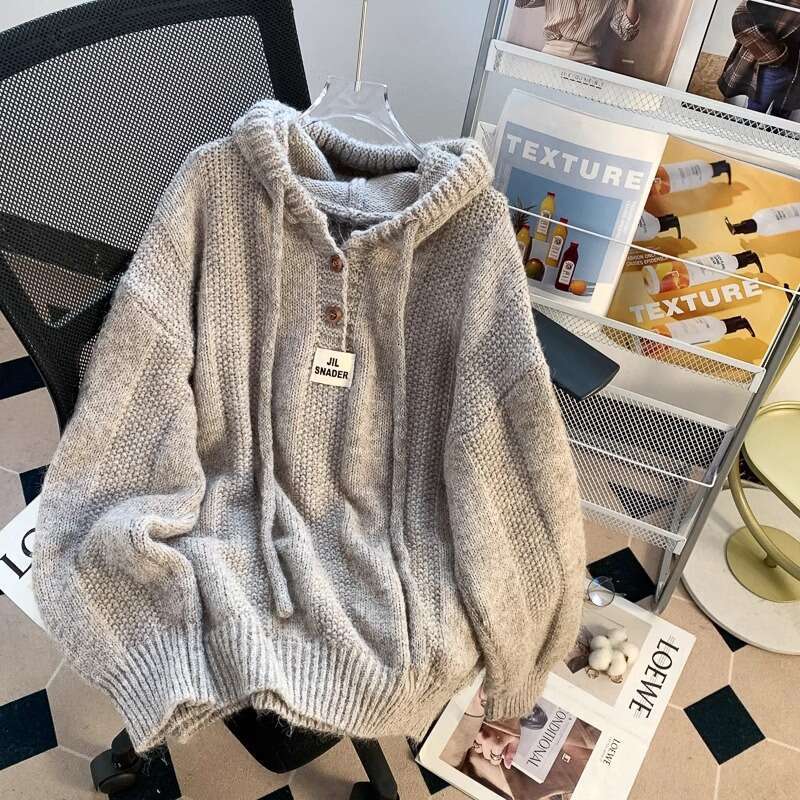 Lazy Style Gray Hooded Sweatshirt Women New Hot Autumn Winter Knitted Long Sleeve Top B5