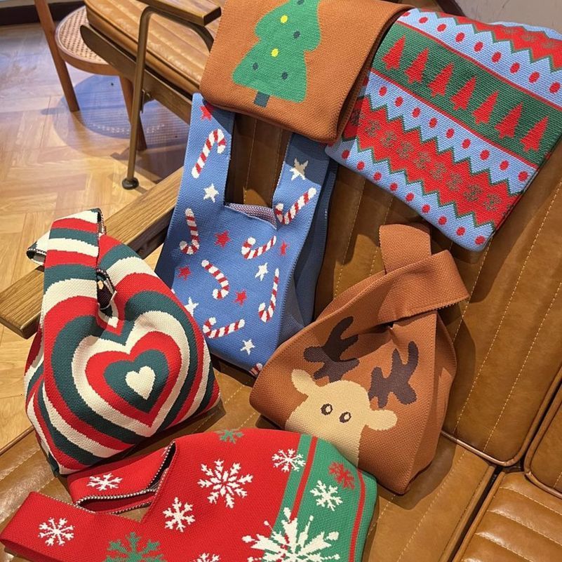 Polyester Women Christmas Knit Bag Christmas Tree Reusable Knot Wrist Bag Snowman Handmade Knit Tote Bags Shopping Bags 251104