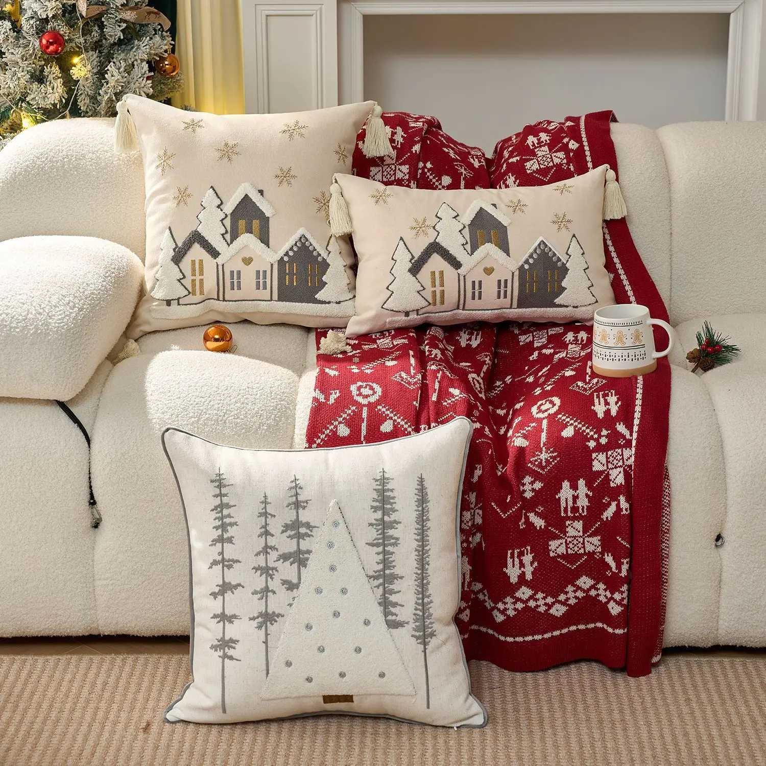 Christmas Embroidered House Snowflake Pillowcase Cojines Cotton Beige Throw Cushion Cover Decor Sofa Pillow Cover 30x50/45x45cm Y251105