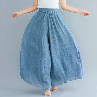 Summer New Mori Girl Artistic Plus Size Cotton Elastic Waist Linen Solid Color Ethnic Style Flared Pants Skirt B5