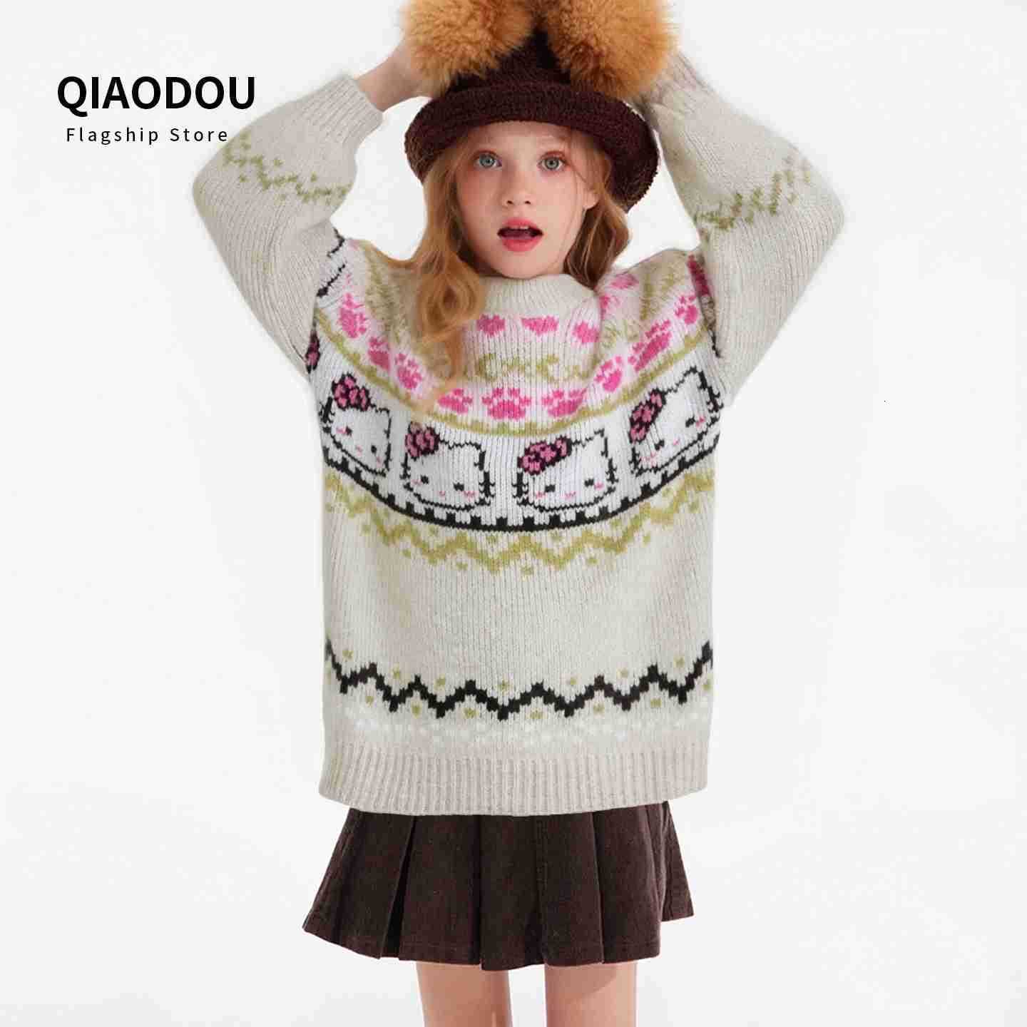 Sanrio Girls Sweater Autumn Winter 2025 New Stylish Childrens Winter Thickened Warm KT Cat Knitted Base Shirt H251105