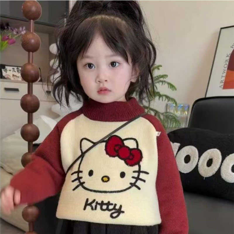 Sanrio Sweet Style Little Girl Color Block Cartoon Hello Kitty Thickened Sweater Autumn Winter New High Neck Warm Knitted Sweater for Girls H251105