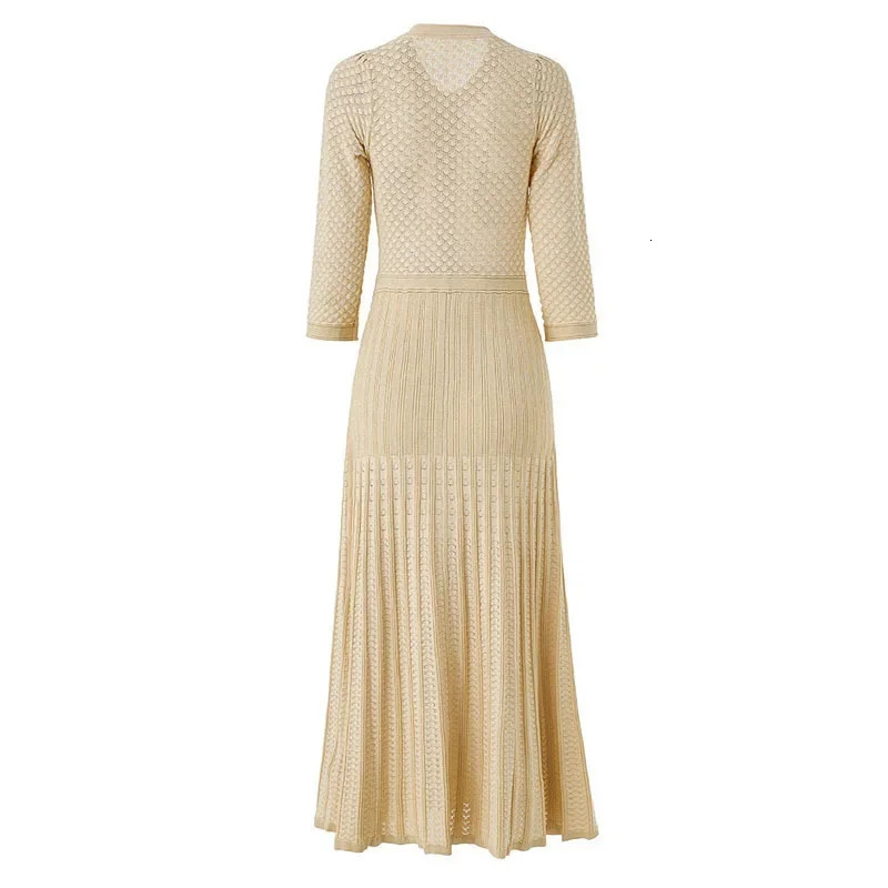 Hollow out Long Knitted Summer Dress round Neck Seven Sleeve Bodycon Skirt Slimming Effect Empire Waist Maxi Dress251103