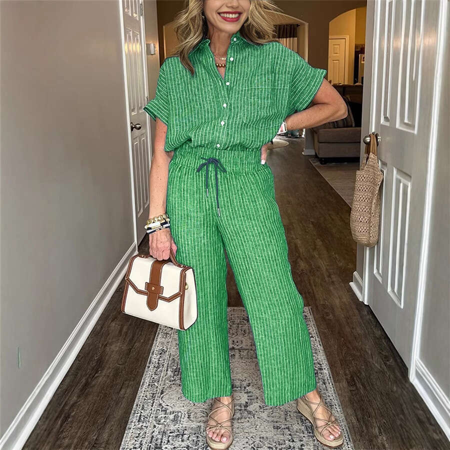 2025 Cross-Border Spring and Autumn Amazon Independent Station Women's Striped Suit with Turn-Down Collar Short Sleeve Straight-Leg Lazy Style Lo