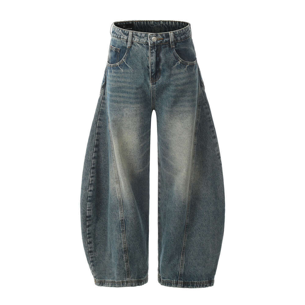 Men's Scimitar Jeans American Washed Vintage Street Style Cool Niche Design Trendy Loose Wide-Leg Pants