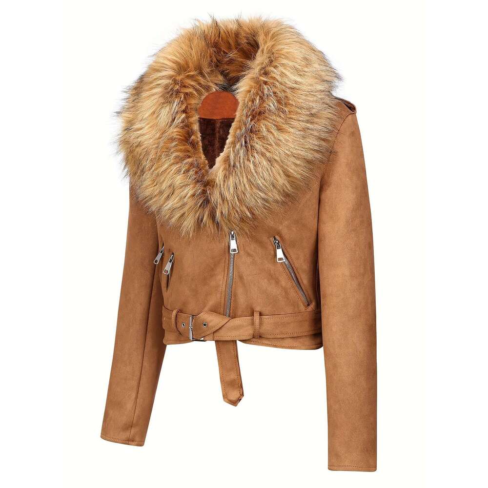 Women's Autumn/Winter Short Jacket, Faux Fur Hood, Suede Material, 95% Polyester 5% Elastane, Solid Color, Long Sleeve, Windbreaker Style, Woven 