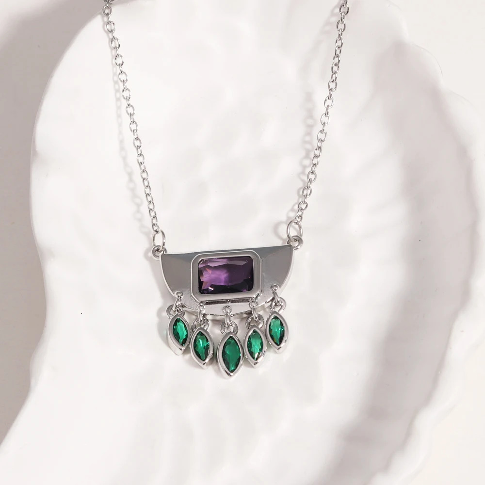 Stainless Steel Half Round Green Oval Zircon Tassel Pendant Necklace For Women Daily Wear Fashion Neck Chain Waterproof Jewelry 251031