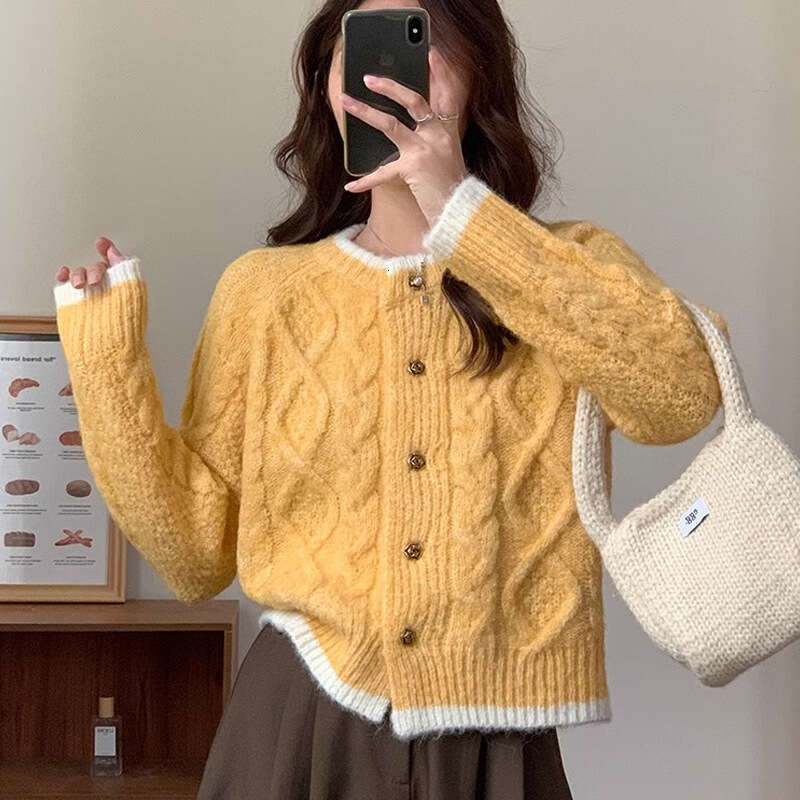 Milky Blue Short Top Braided Knit Cardigan For Women Early Spring And Autumn Soft Lazy Style Sweater Coat B5