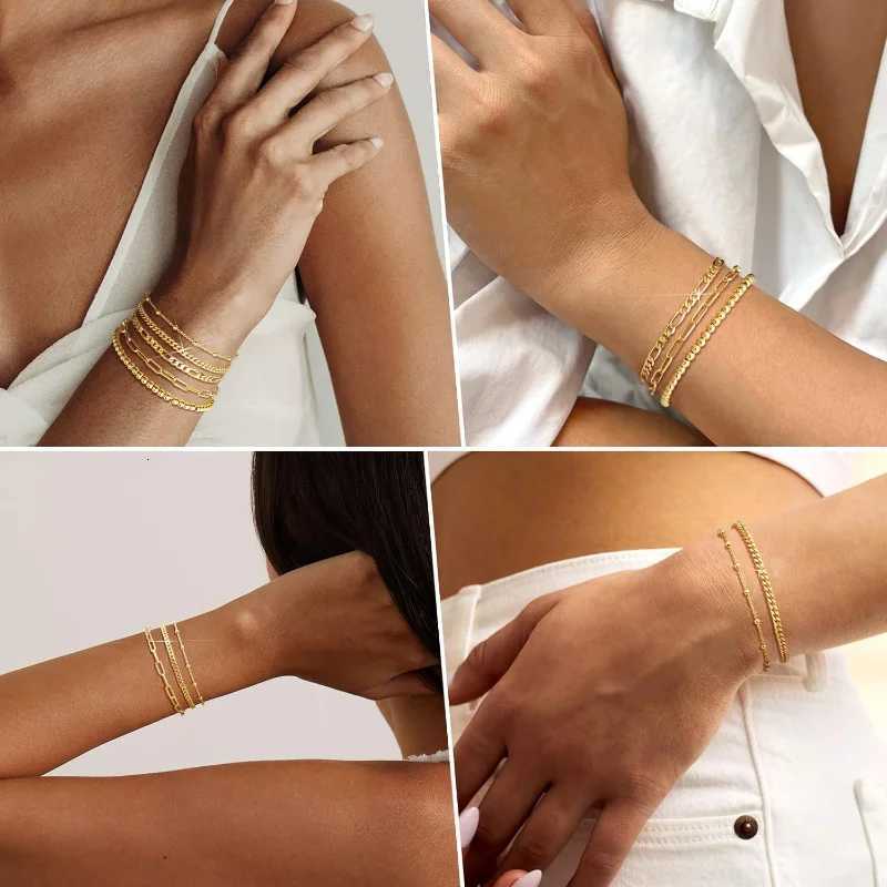 14K Gold Plated Stainless Steel Bracelet Set Waterproof Paperclip Chain Cuban Link Layered Bracelets Sets Gifts for Women GirlsXJ251105