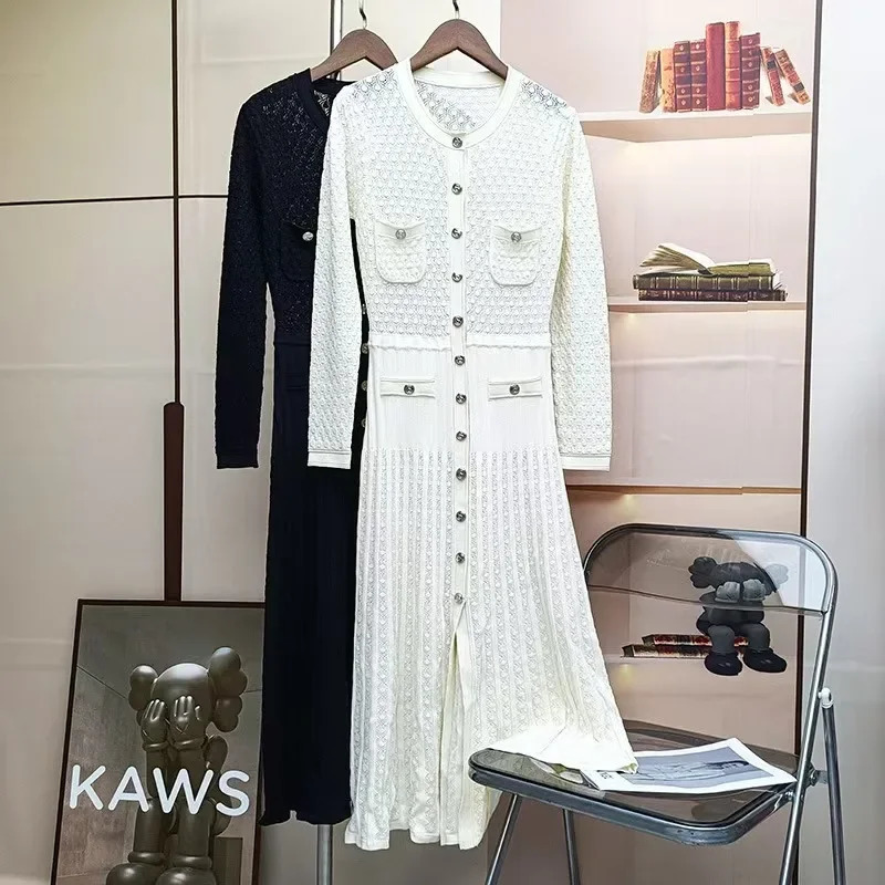 Hollow out Long Knitted Summer Dress round Neck Seven Sleeve Bodycon Skirt Slimming Effect Empire Waist Maxi Dress251103
