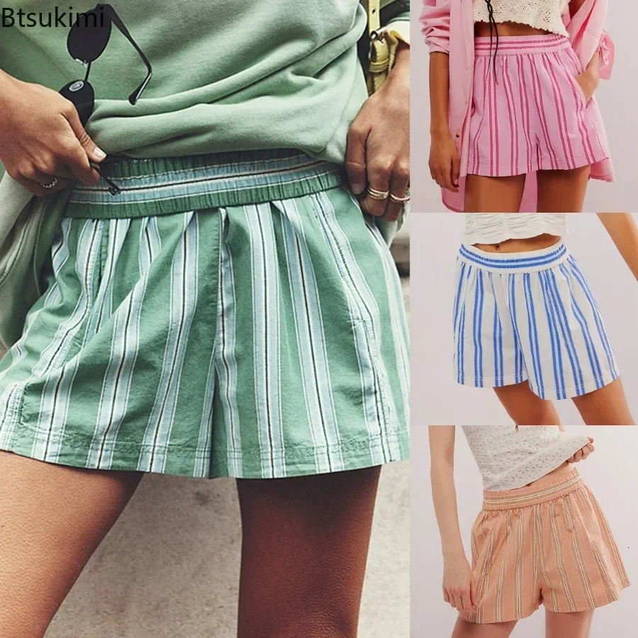 2025 Womens Summer Casual Shorts Striped Elastic High Waist Loose Pockets Short Socks Pocket Streetwear Suitable for Girls 250401