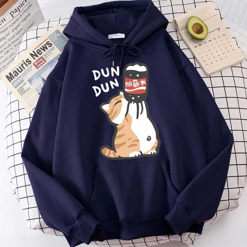 Cat Drinking Beverages Print Sweatshirts Clothes Women Casual 90s Kangaroo Pocket Hoodies Unisex Fashion Funny Hooded PulloversT251105