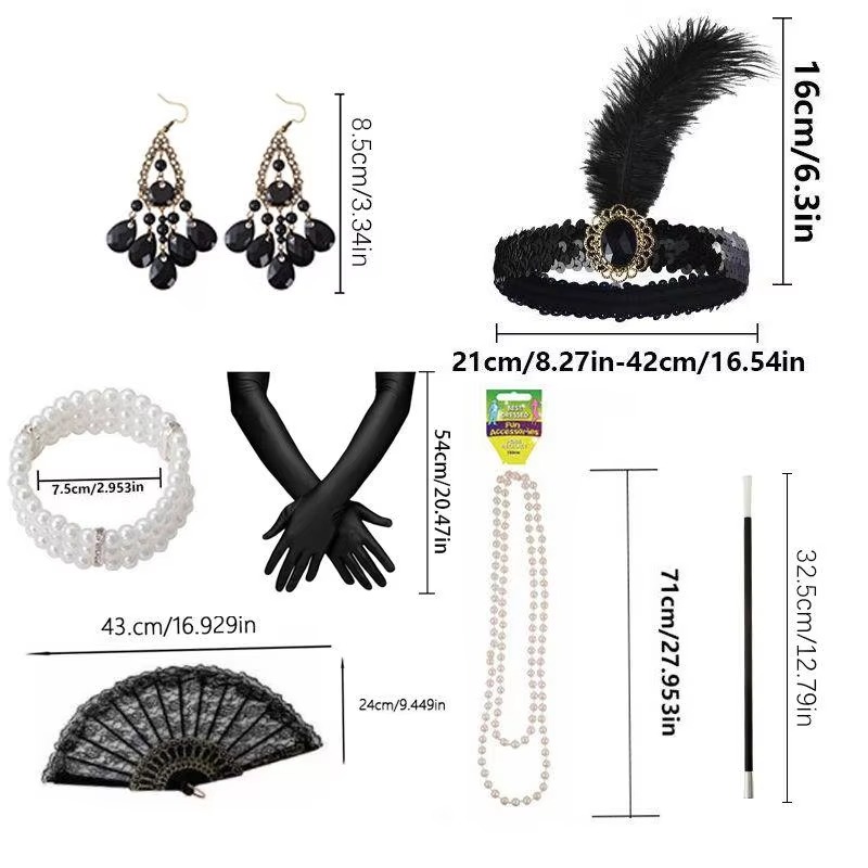 7 pieces of 1920 fashionable lady accessories, feather headbands, necklaces, gloves, cigarette sticks and earrings collect women's outfits