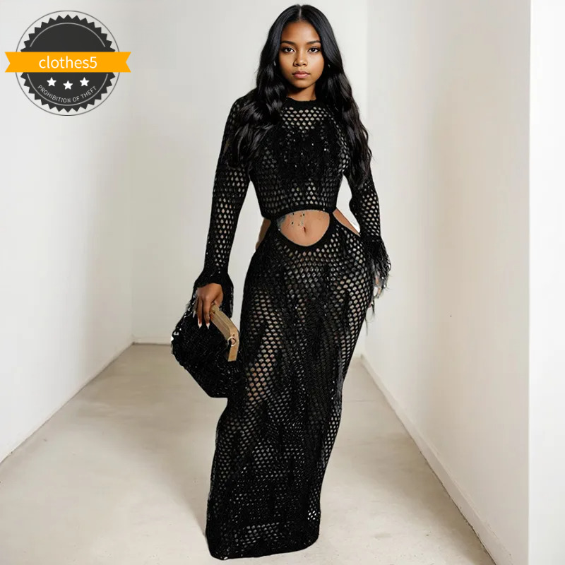 Women's Fashion Long Sleeves Knitted Female Hollow Out Tassel Casual Dresses Spring New Arrival 33A3872