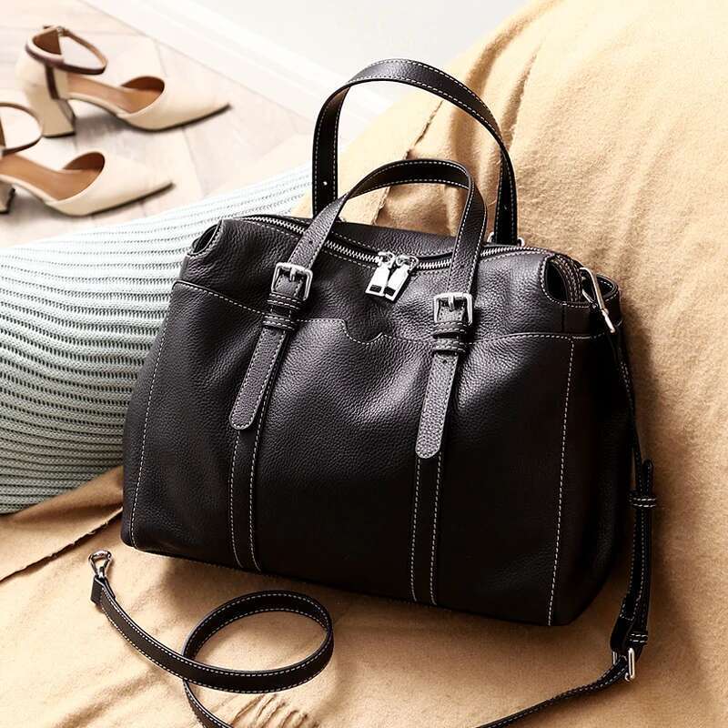 WOONAM Grain Genuine Calf Leather Bag Office Lady Large Boston Top Handle Shoulder Handbag WB695