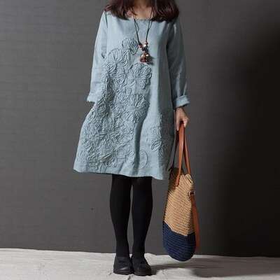 Plus Size Women's Clothing Artistic Style Fresh Loose Embroidered Long Sleeve Cotton Linen Dress Trendy B5