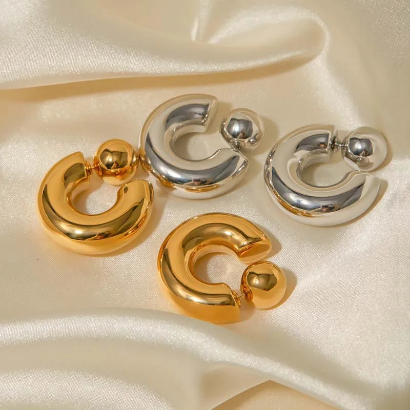 Stainless steel Cshaped round bulky earrings jewelry waterproof metal texture attractive accessories for women gifts 250326