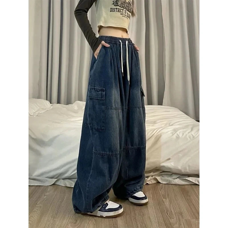 Retro blue commodity jeans womens bag denim pants oversized Y2K pleated hiphop street clothing Harajuku casual wide leg Trousers 250403